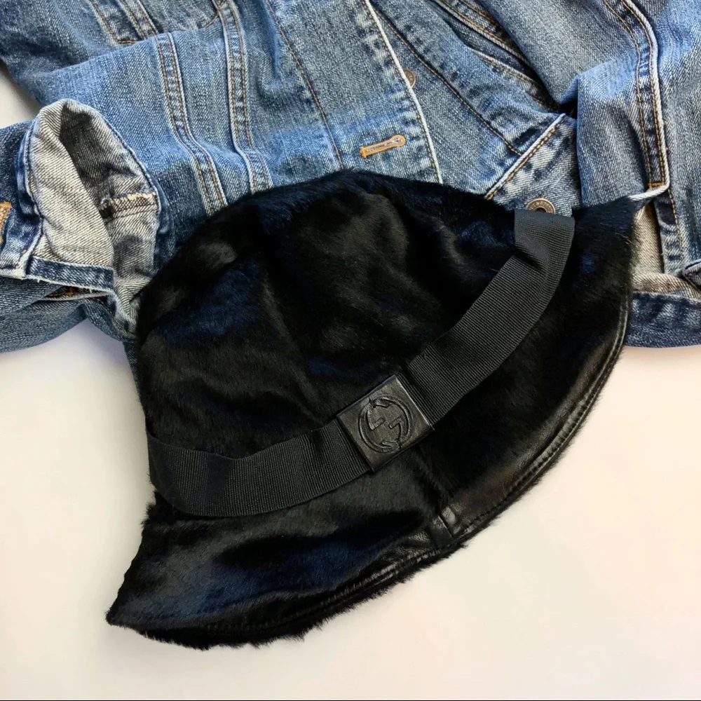 GUCCI Black Leather Fur Bucket GG Logo Hat M - Picture 9 of 16